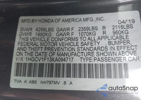 2019 Honda Accord Lx z USA, uszkodzony, nr VIN 1HGCV1F13KA094717
